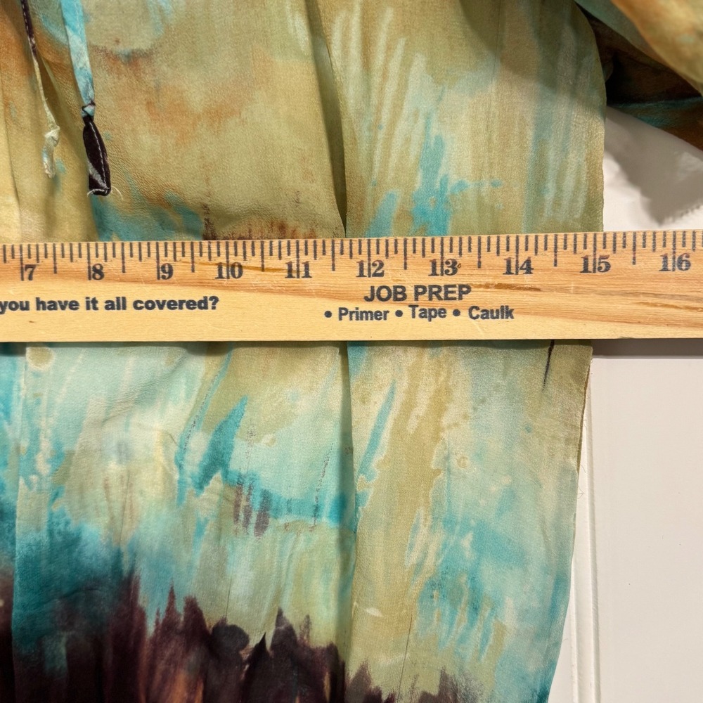 Karen Kane 100% Silk Abstract Blouse Smocked Waist Tie Neck Blue Brown XS Y2K - Picture 5 of 9